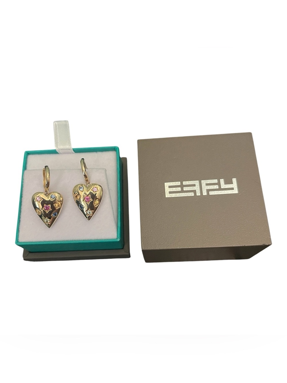 Effy Gold Heart Drop Earrings with Pink and Blue Gem Accents